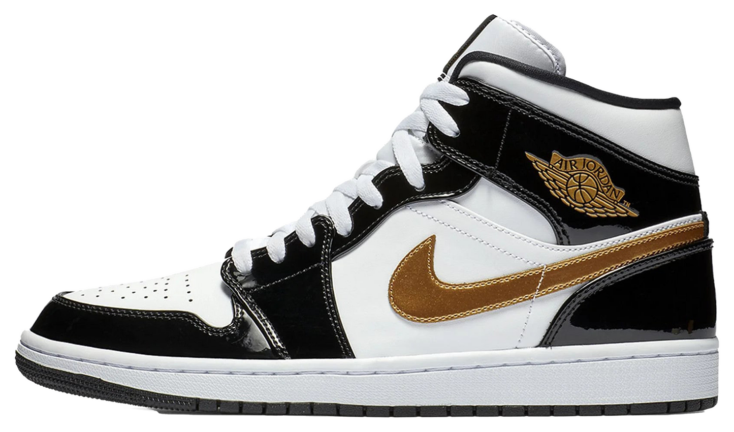 Jordan 1 Mid Patent Black White Gold