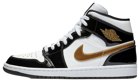 Jordan 1 Mid Patent Black White Gold