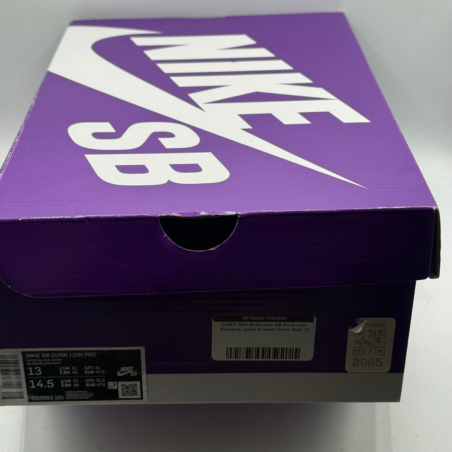 (Used Replacement Box) Nike SB Dunk Low Supreme Jewel Swoosh Silver Size 13