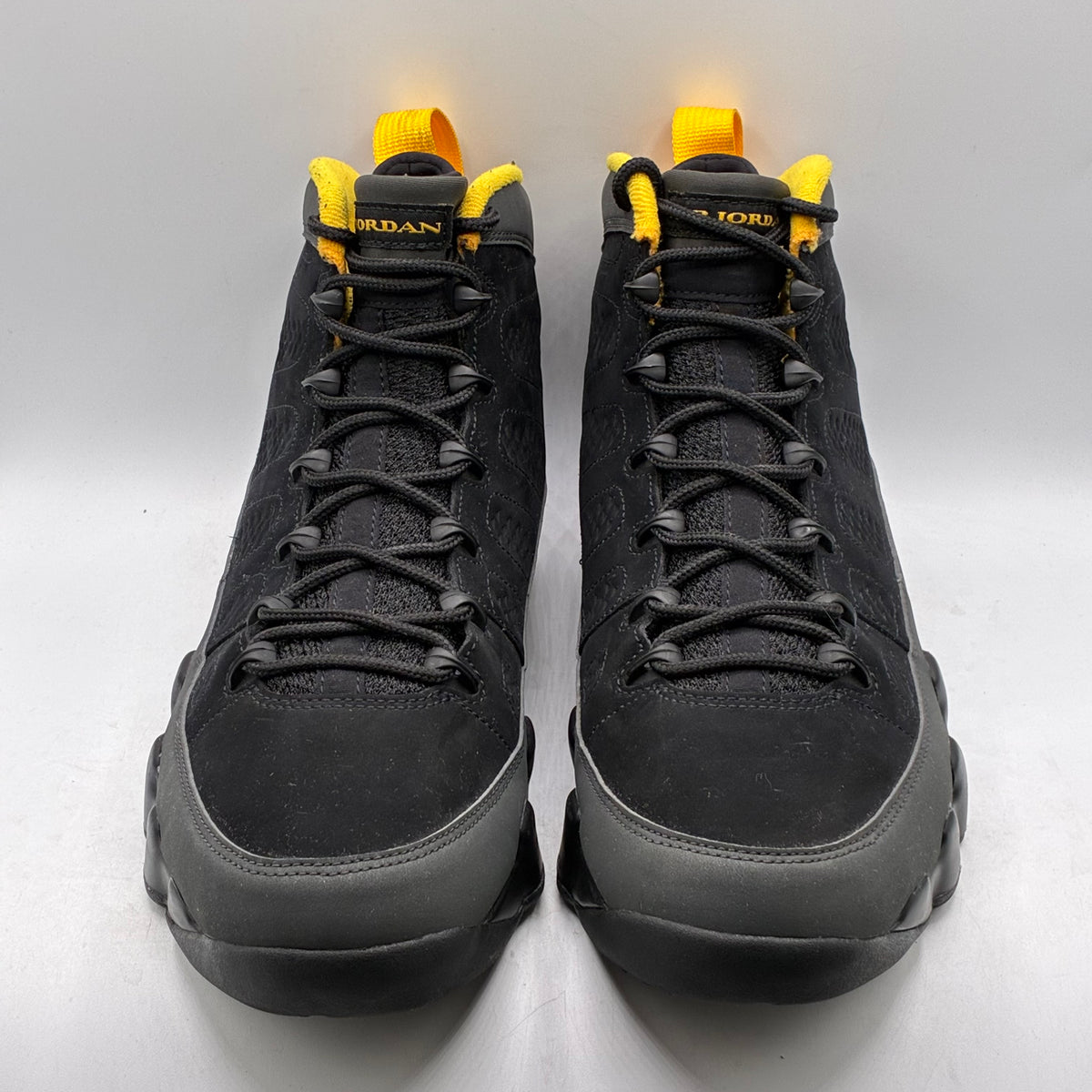 (USED) Jordan 9 Dark Charcoal University Gold Size 10.5